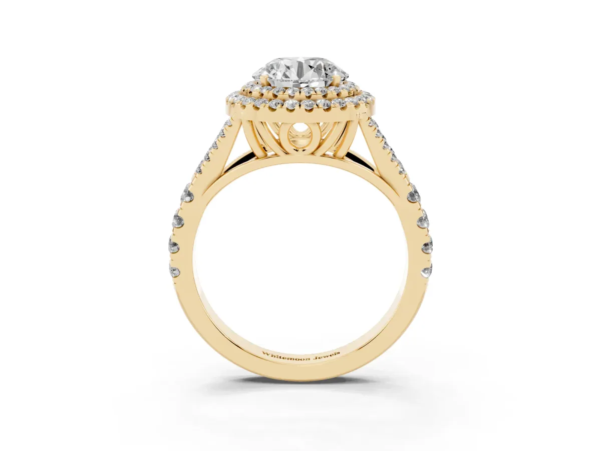 Round Cut Cut Double Halo Split Shank Diamond Ring with Prong Setting Yellow gold