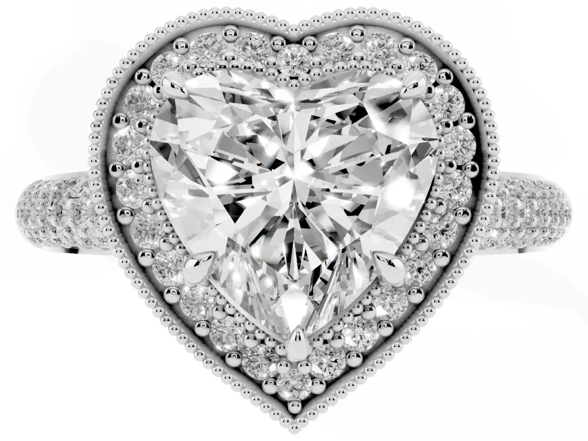 Heart Cut Cut Halo Diamond Pave Band with Four-Prong Setting Silver