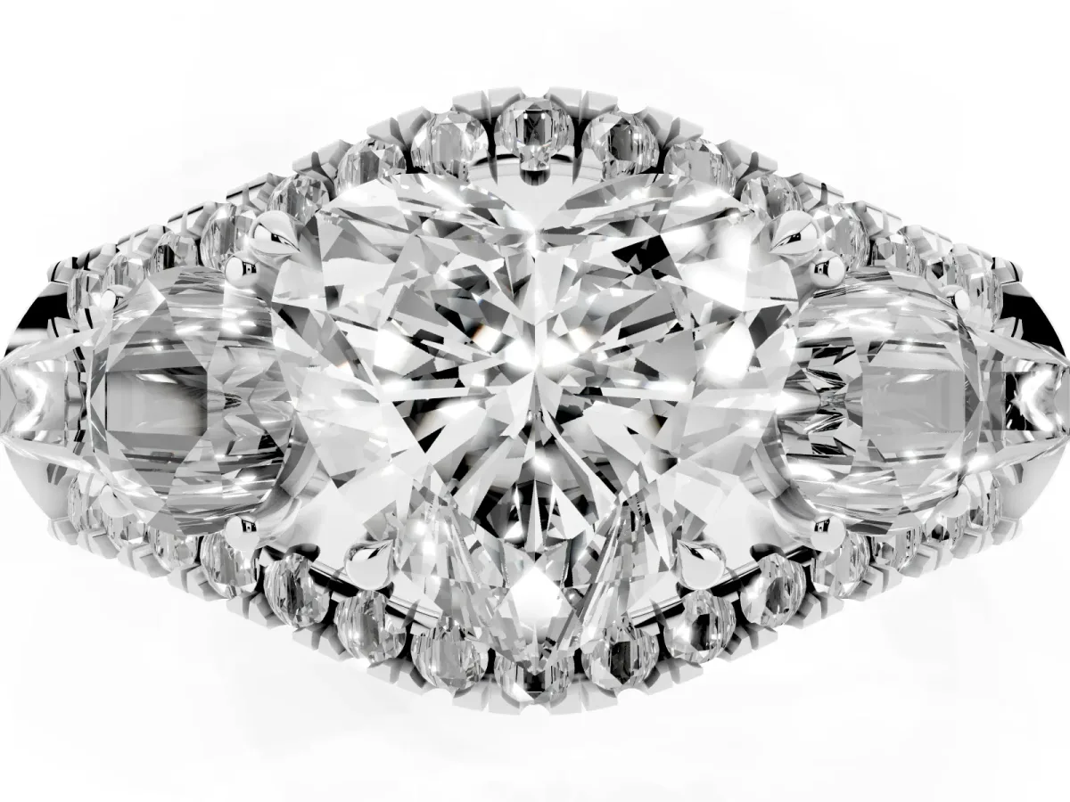 Three-Stone Heart Cut Diamond Engagement Ring with Pave Band and Prong Setting Silver
