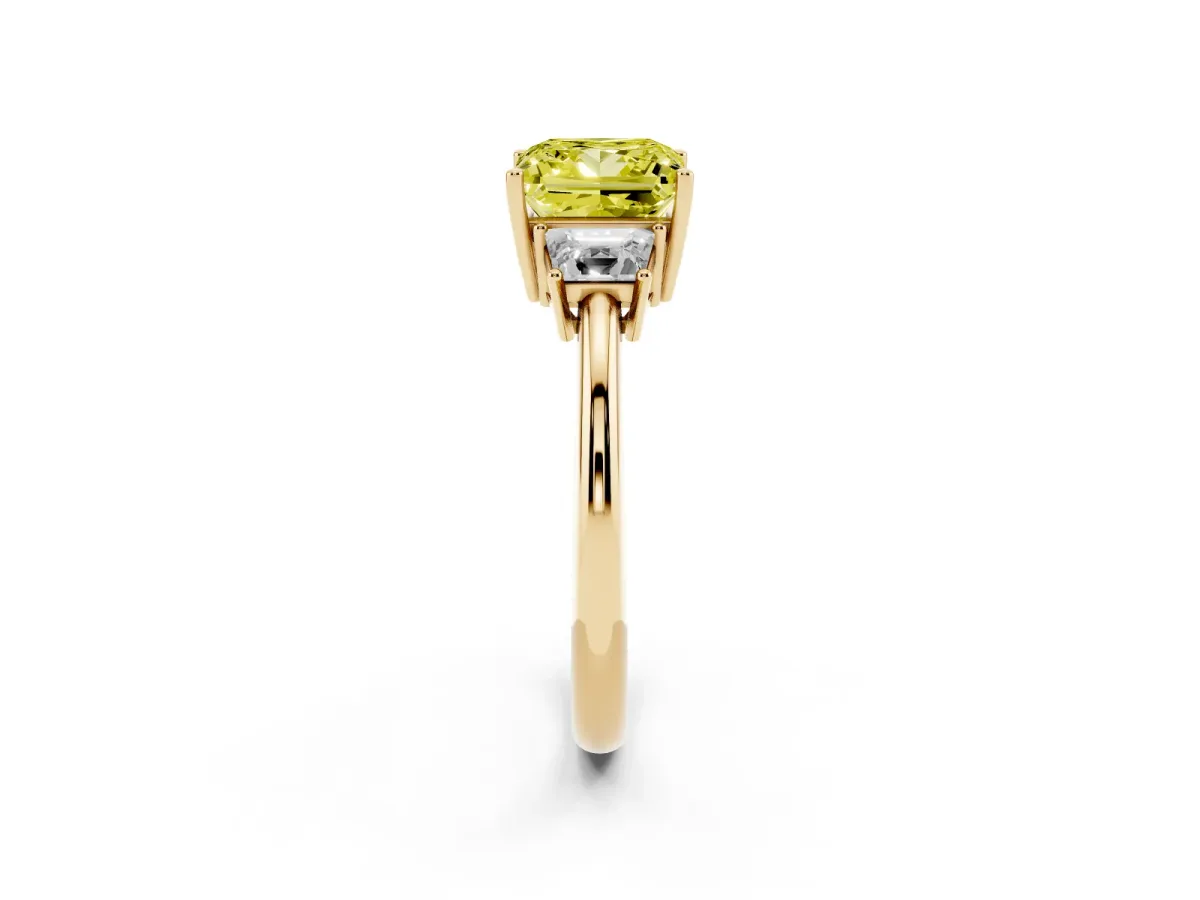 Fancy Yellow Princess Cut Diamond Three-Stone Ring with Trapezoid Side Stones and Prong Setting Yellow gold