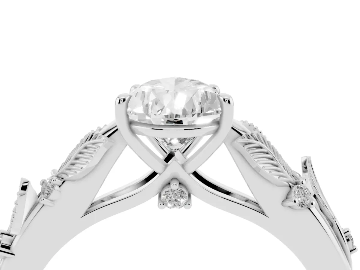 Pear Cut Diamond Solitaire Ring with Leaf Motif Band and Four-Prong Setting Silver