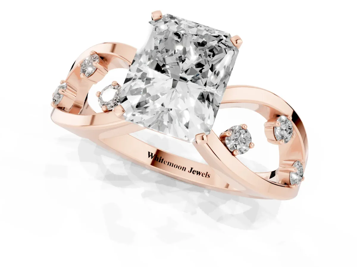 Radiant Cut Cut Solitaire Diamond with Side Stones on Criss-Cross Band and Four-Prong Setting Rose gold
