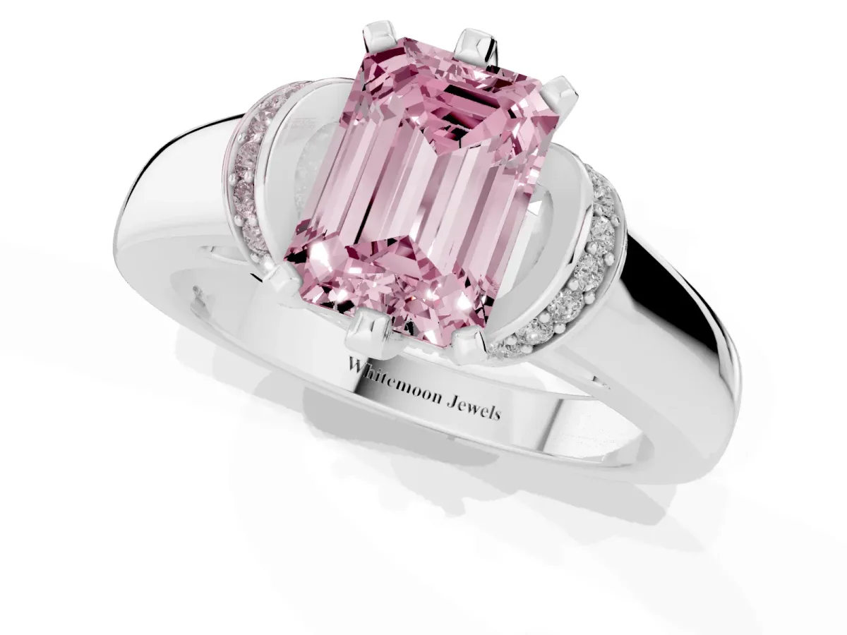 Fancy Pink Emerald Cut Solitaire Diamond Ring with Pave Band and Six-Prong Setting Silver