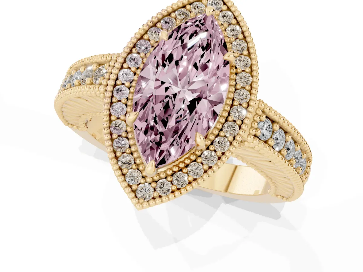 Fancy Pink Marquise Cut Cut Halo Diamond Ring with Pavé Band and Four-Prong Setting Yellow gold