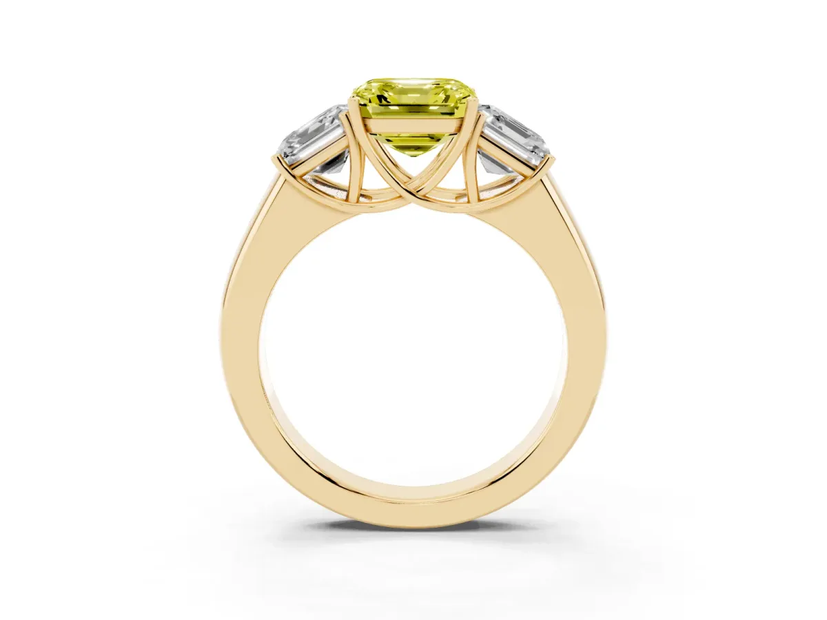 Fancy Yellow Three-Stone Asscher Cut Cut Diamond Ring with Prong Setting and Classic Band Yellow gold