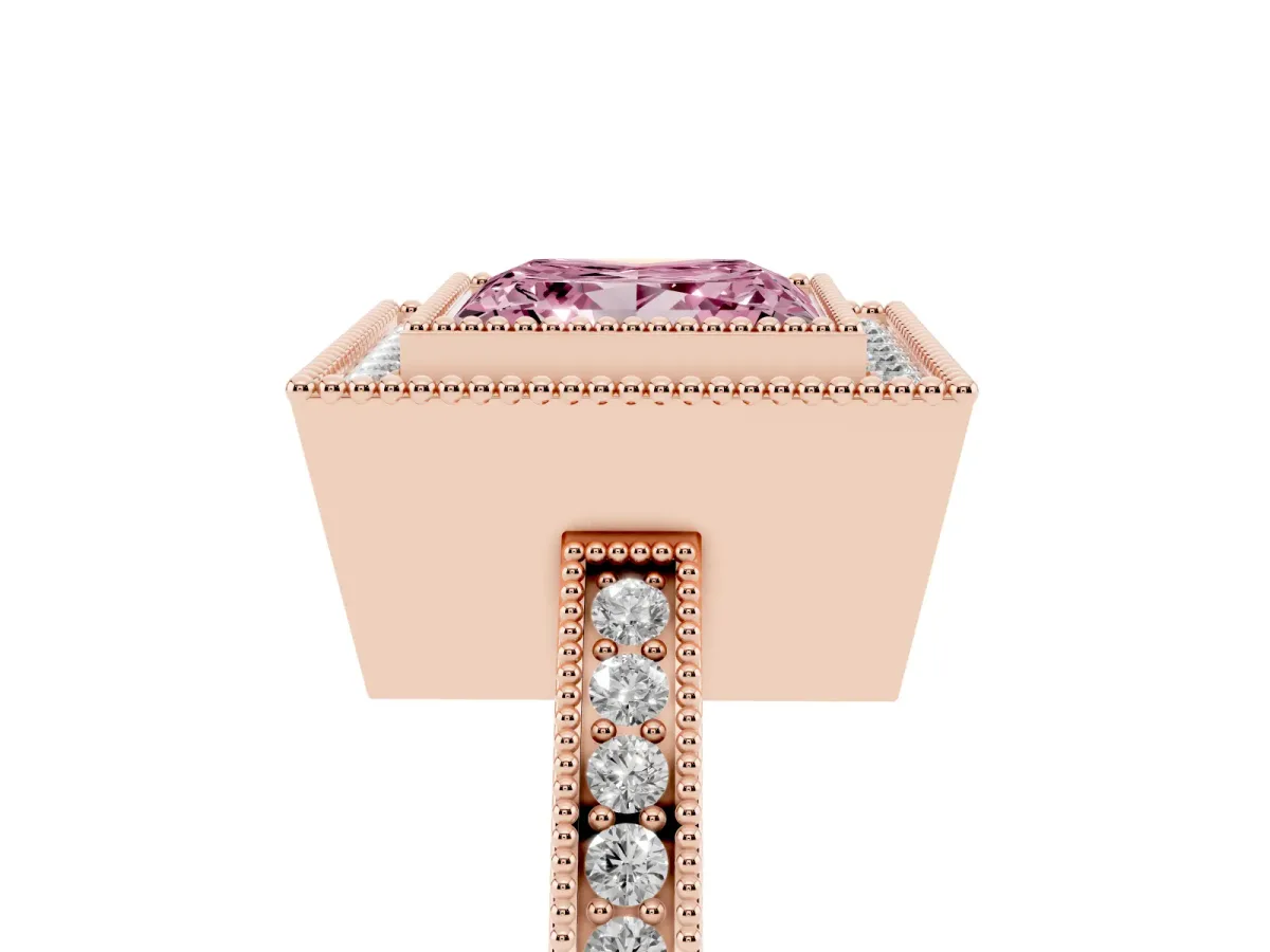 Fancy Pink Princess Cut Cut Halo Diamond Ring with Pavé Band and Milgrain Prong Setting Rose gold