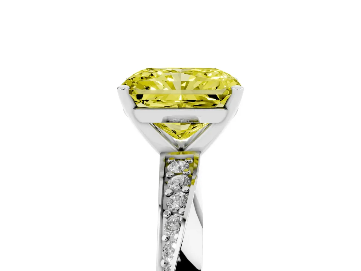 Fancy Yellow Radiant Cut Diamond Engagement Ring with Side Stone Accents and Four-Prong Setting Silver