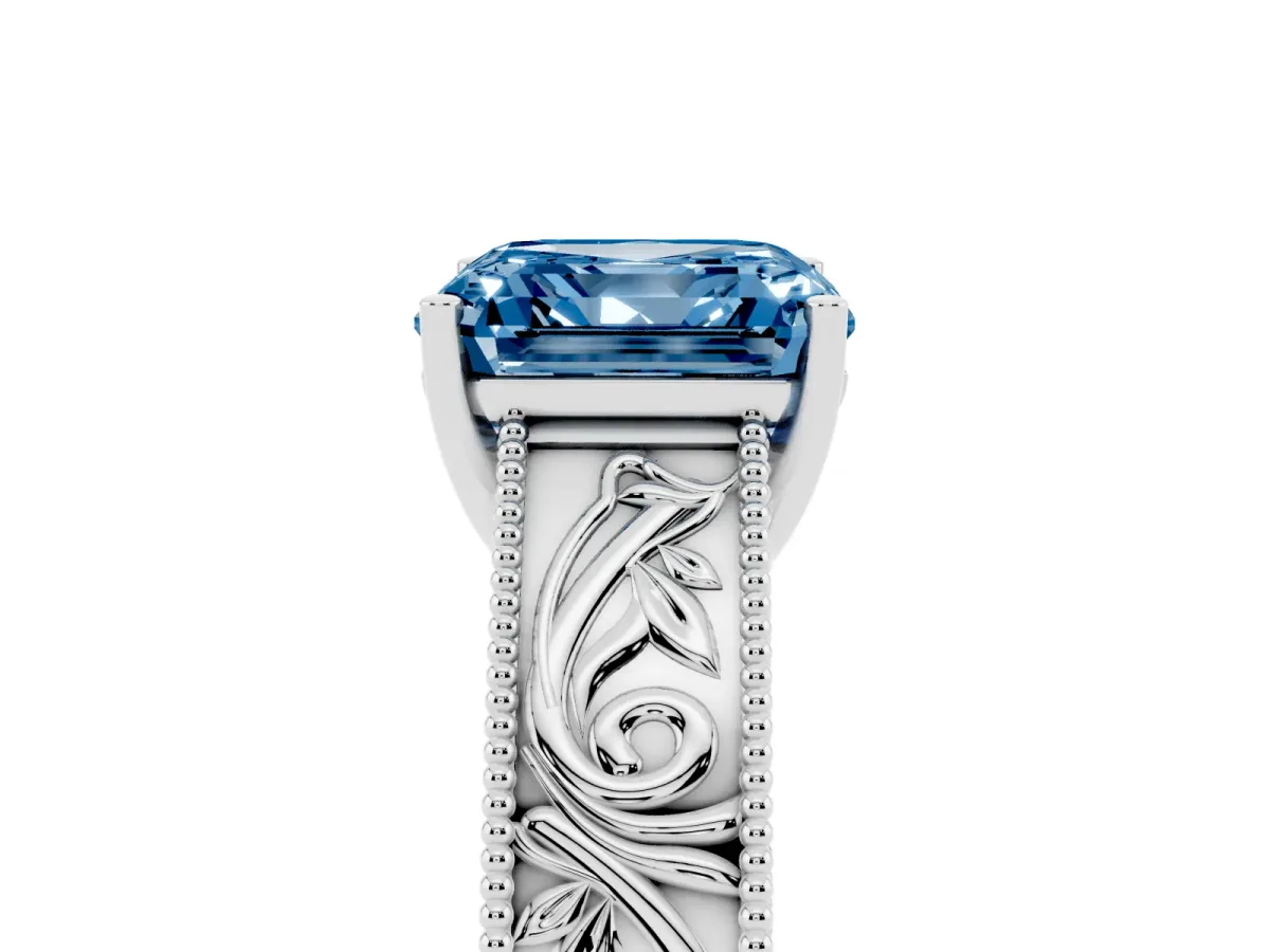 Fancy Blue Asscher Cut Diamond Solitaire Ring with Engraved Band and Four-Prong Setting White gold
