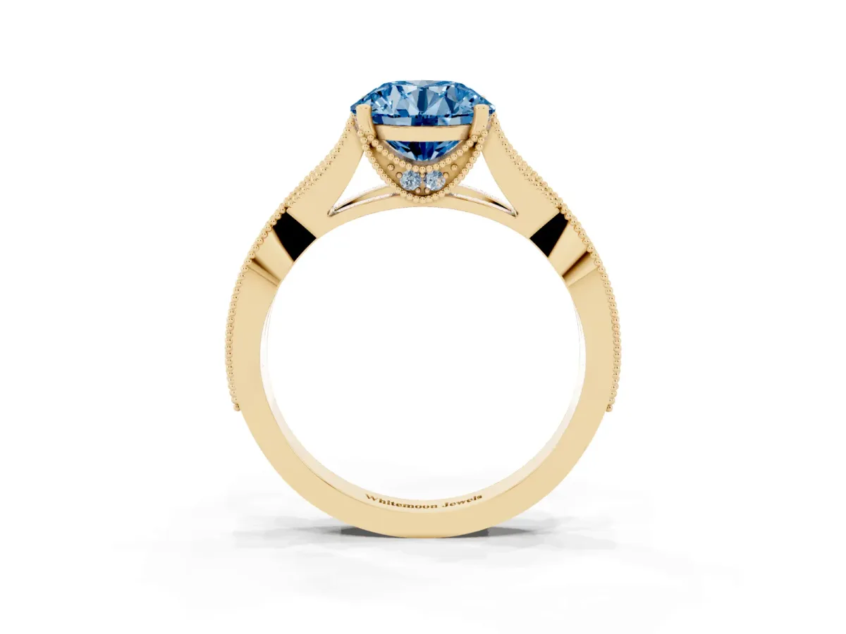 Fancy Blue Round Cut Cut Diamond Twisted Band with Milgrain Pave Setting and Four-Prong Setting Yellow gold