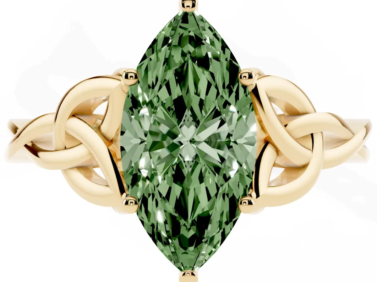 Fancy Green Marquise Cut Diamond Solitaire Engagement Ring with Celtic Knot Band and Four-Prong Setting Yellow gold