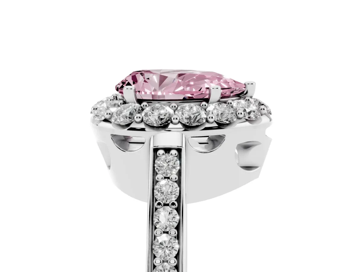 Fancy Pink Pear Cut Diamond Floral Halo Ring with Pavé Band and Prong Setting Platinum