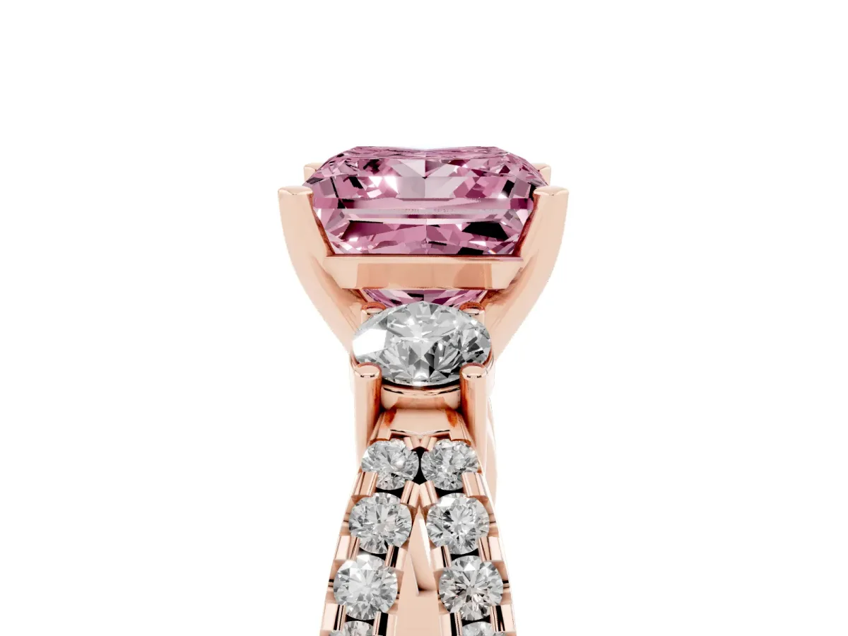 Fancy Pink Princess Cut Diamond Three-Stone Ring with Pavé Split Shank and Four-Prong Setting Rose gold