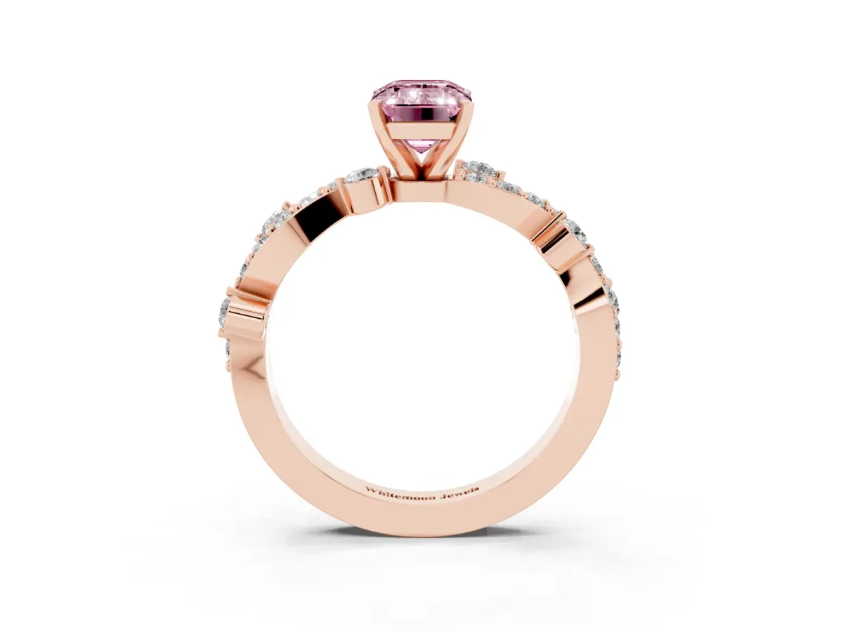 Fancy Pink Emerald Cut Cut Solitaire Diamond Twisted Band with Pave Setting Rose gold