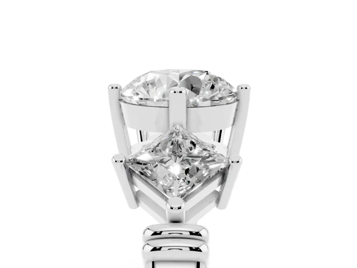 Three-Stone Round Cut and Princess Cut Diamond Ring with Channel Band and Four-Prong Setting White gold