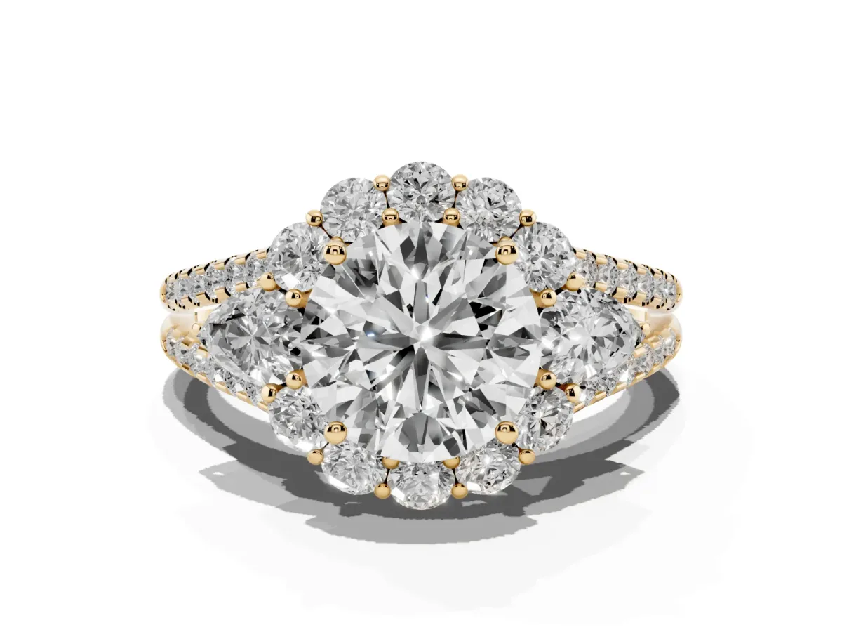 Round Cut Halo Split Shank Diamond Engagement Ring with Prong Setting Yellow gold
