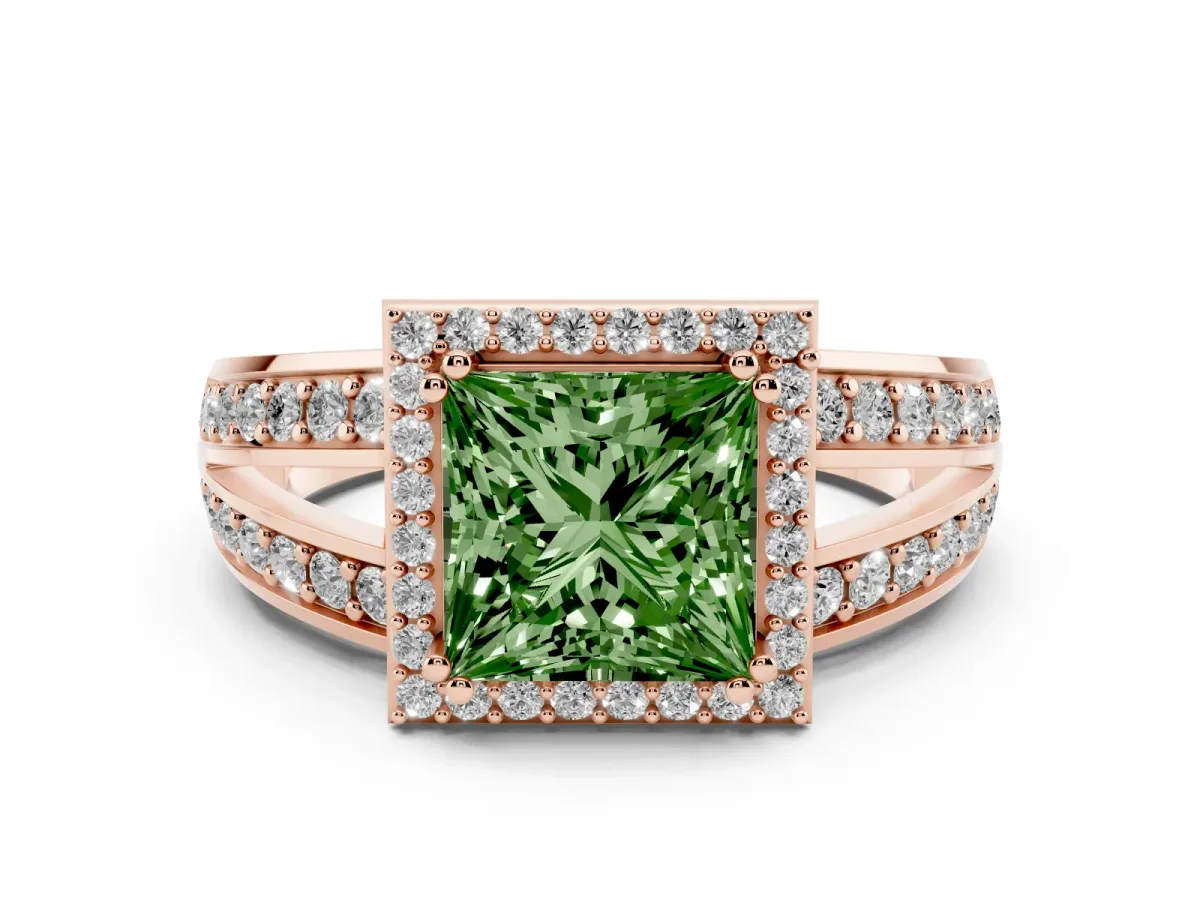 Fancy Green Princess Cut Diamond Halo Ring with Split Shank Pavé Band and Four-Prong Setting Rose gold