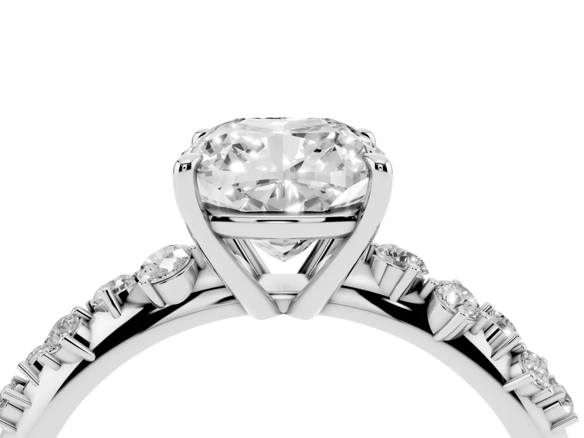 Cushion Cut Diamond Cluster Side Stone Solitaire Ring with Prong Setting Silver