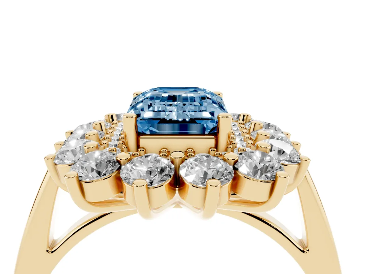 Fancy Blue Emerald Cut Diamond Floral Double Halo Engagement Ring with Prong Setting Yellow gold