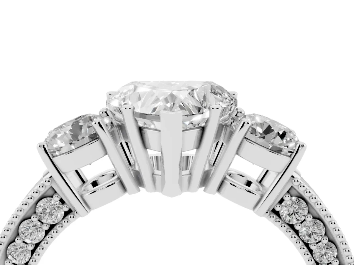 Heart Cut Three-Stone Diamond Ring with Pavé Band and Four-Prong Setting Silver