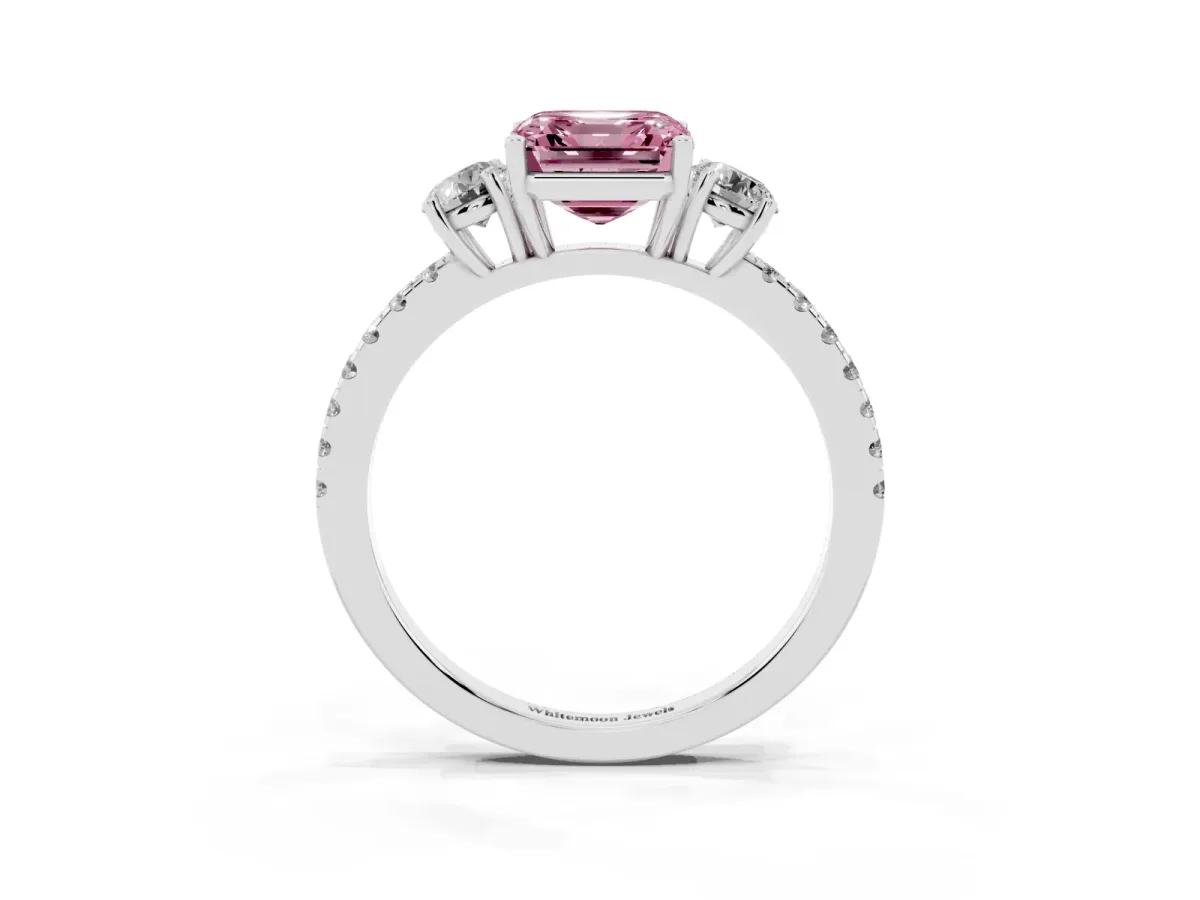 Fancy Pink Three-Stone Asscher Cut Cut Diamond Pavé Band with Prong Setting Silver