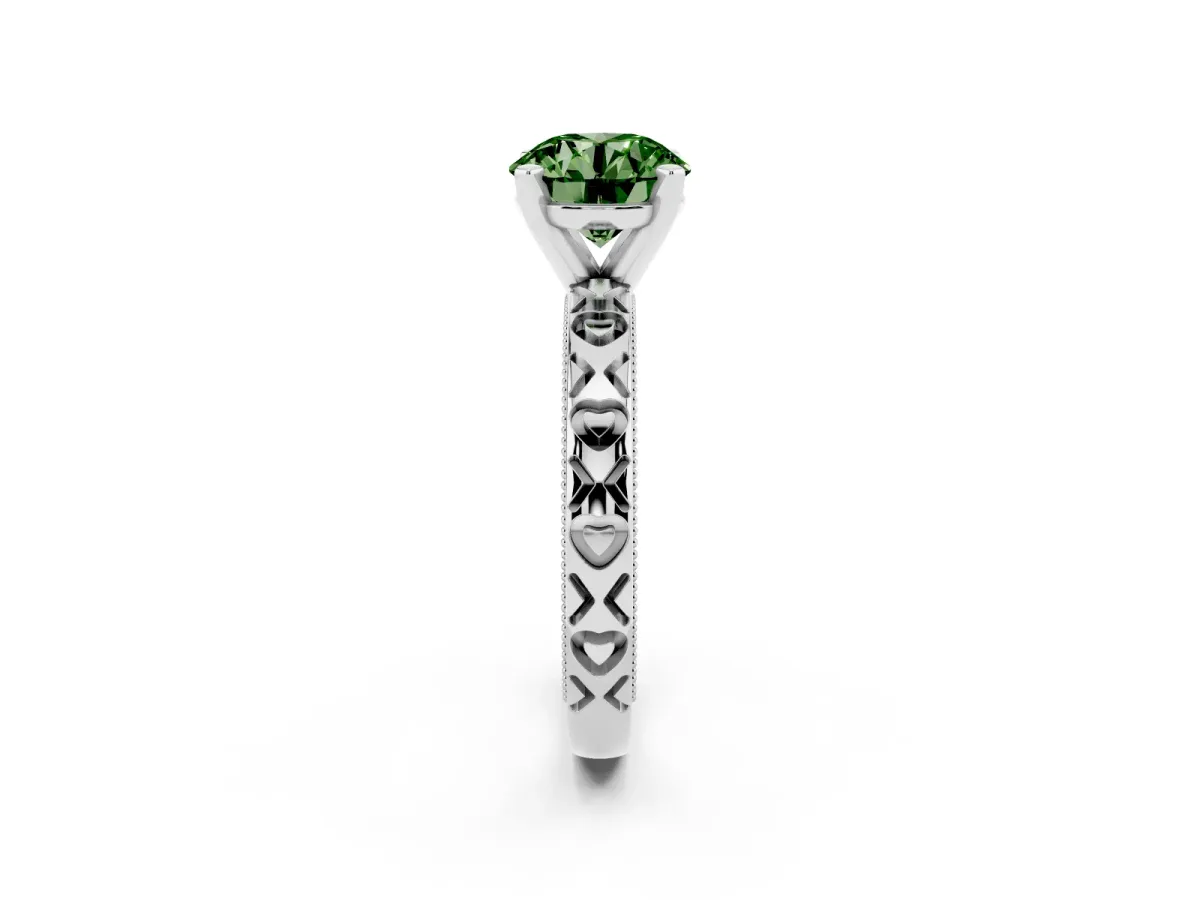 Fancy Green Round Cut Solitaire Diamond Engagement Ring with XO Engraved Band and Four-Prong Setting Platinum