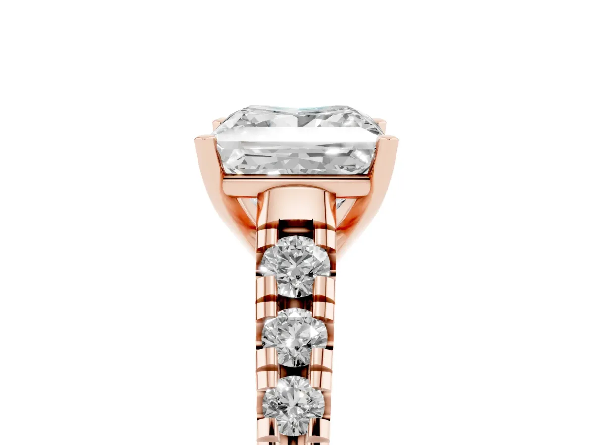 Princess Cut Diamond Cathedral Solitaire Ring with Round Pavé Band Rose gold