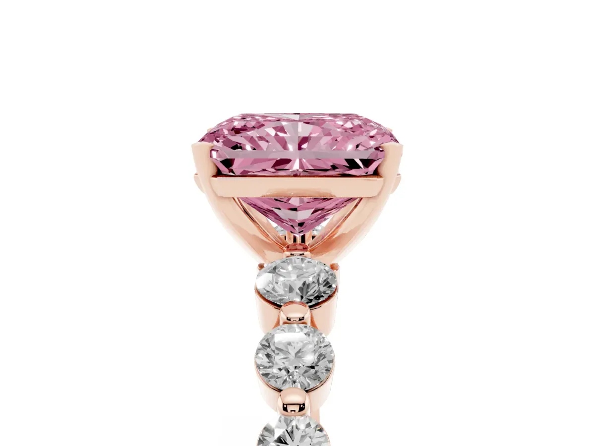 Fancy Pink Radiant Cut Solitaire Diamond Ring with Pave Band and Four-Prong Setting Rose gold