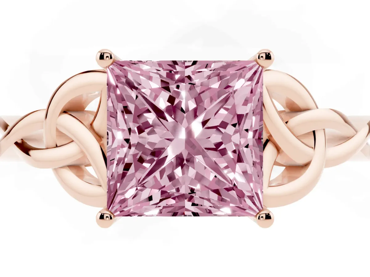Fancy Pink Princess Cut Diamond Solitaire Engagement Ring with Celtic Knot Band and Four-Prong Setting Rose gold
