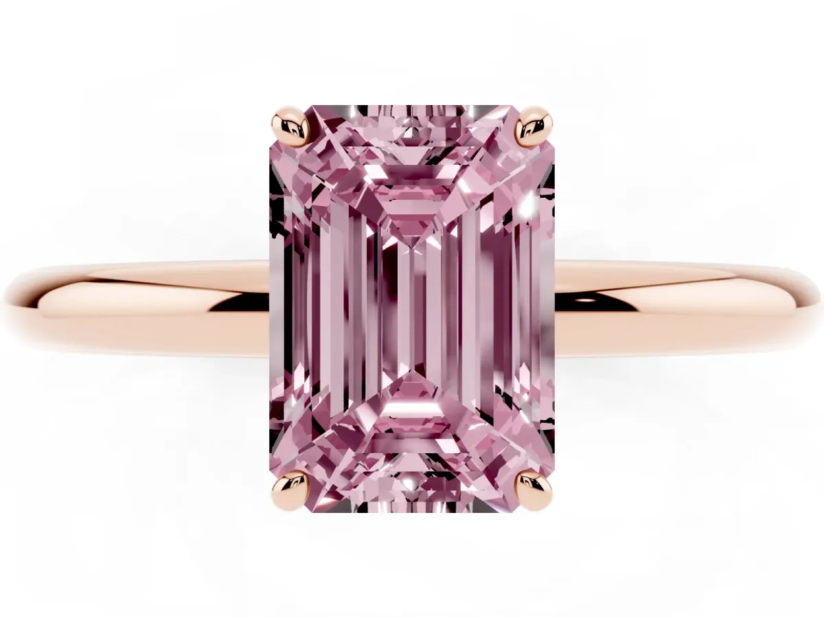 Fancy Pink Emerald Cut Solitaire Diamond Ring with Four-Prong Setting on a Plain Band Rose gold