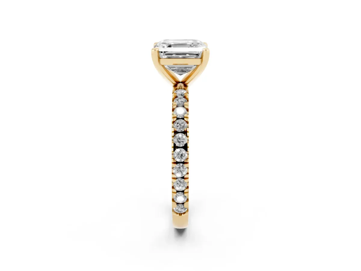 Asscher Cut Diamond Pavé Band Solitaire with Four-Prong Setting Yellow gold