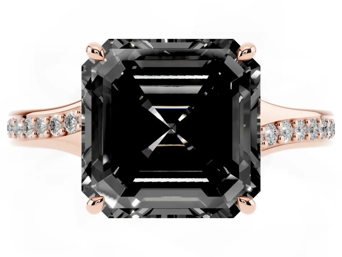 Fancy Black Asscher Cut Diamond Solitaire Ring with Pavé Band and Prong Setting Rose gold
