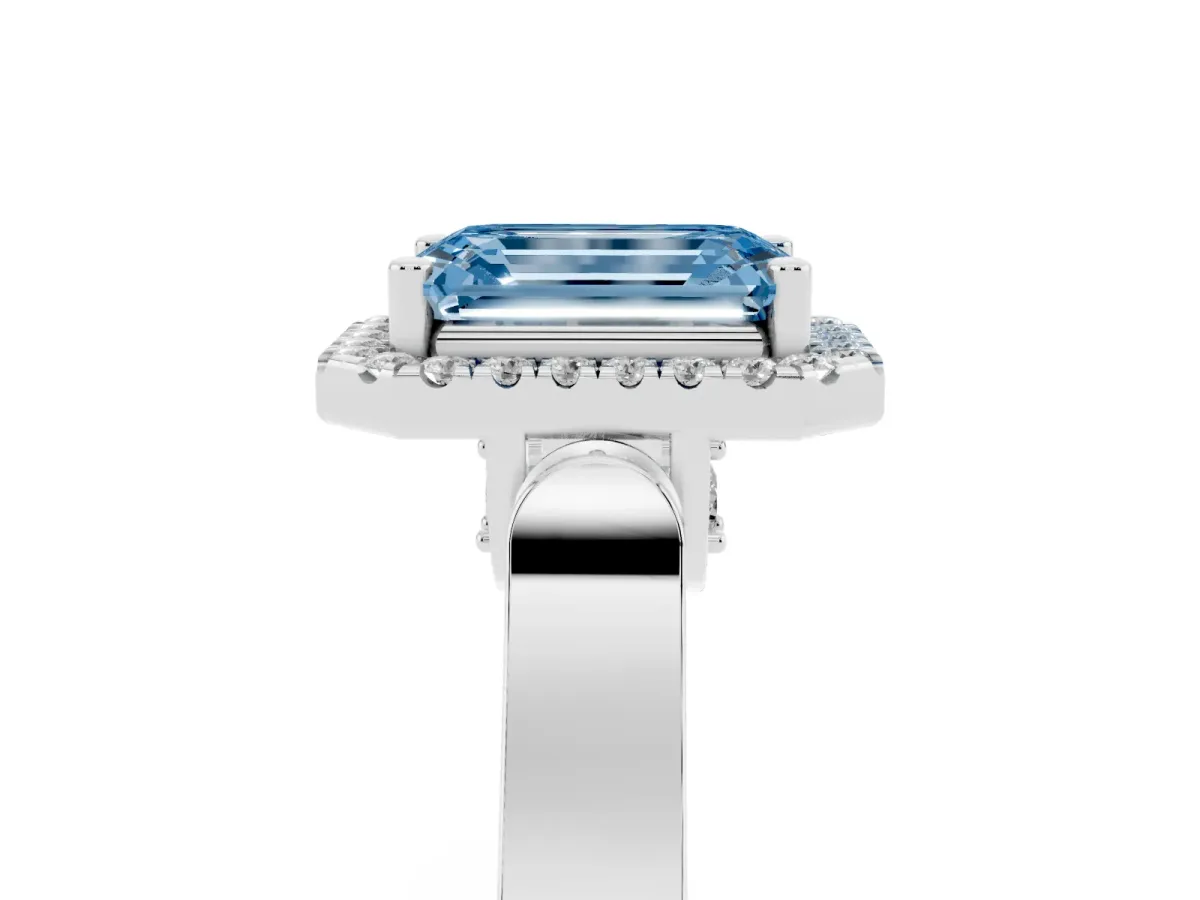 Fancy Blue Emerald Cut Halo Pave Split Shank Prong Setting Ring Platinum