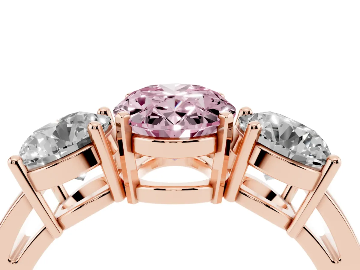 Fancy Pink Three-Stone Oval Cut Diamond Ring with Round Side Stones, Classic Band, and Four-Prong Setting Rose gold