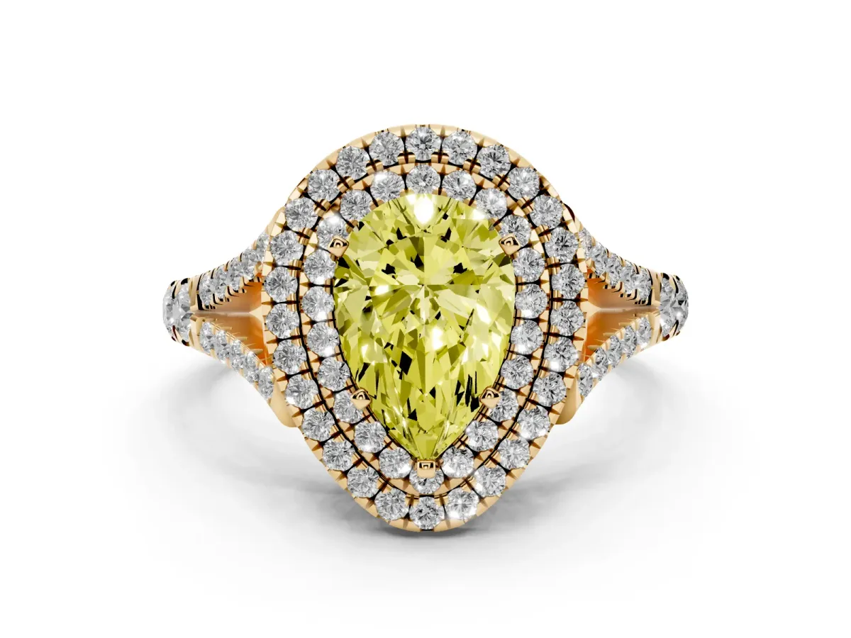 Fancy Yellow Pear Cut Diamond Double Halo Ring with Split Shank and Prong Setting Yellow gold