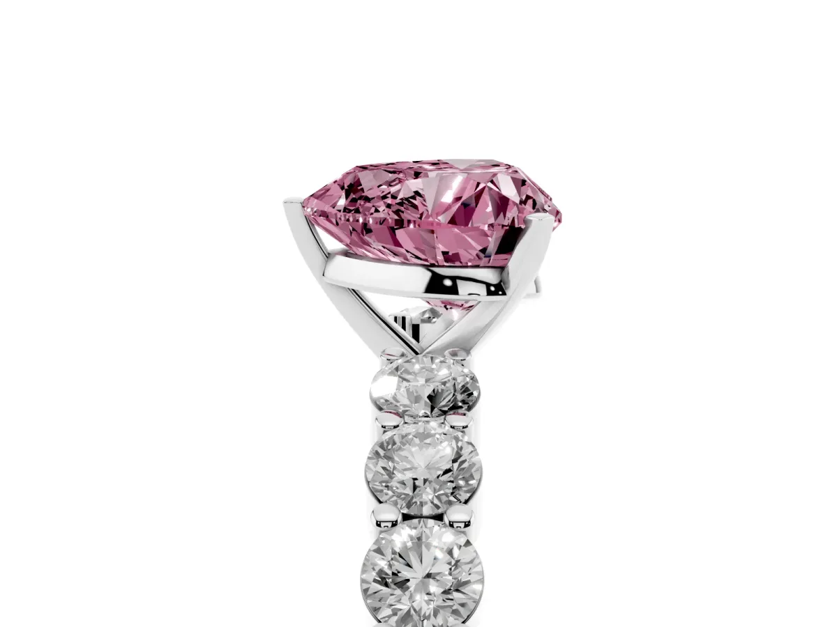 Fancy Pink Heart Cut Diamond Solitaire Ring with Shared Prong Round Side Stones Silver
