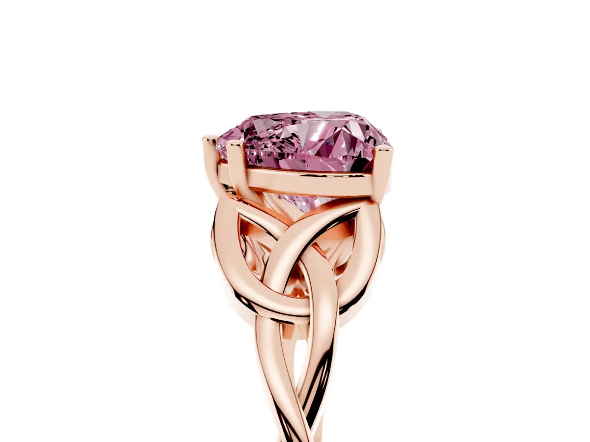 Fancy Pink Heart Cut Diamond Solitaire Engagement Ring with Celtic Knot Band and Four-Prong Setting Rose gold