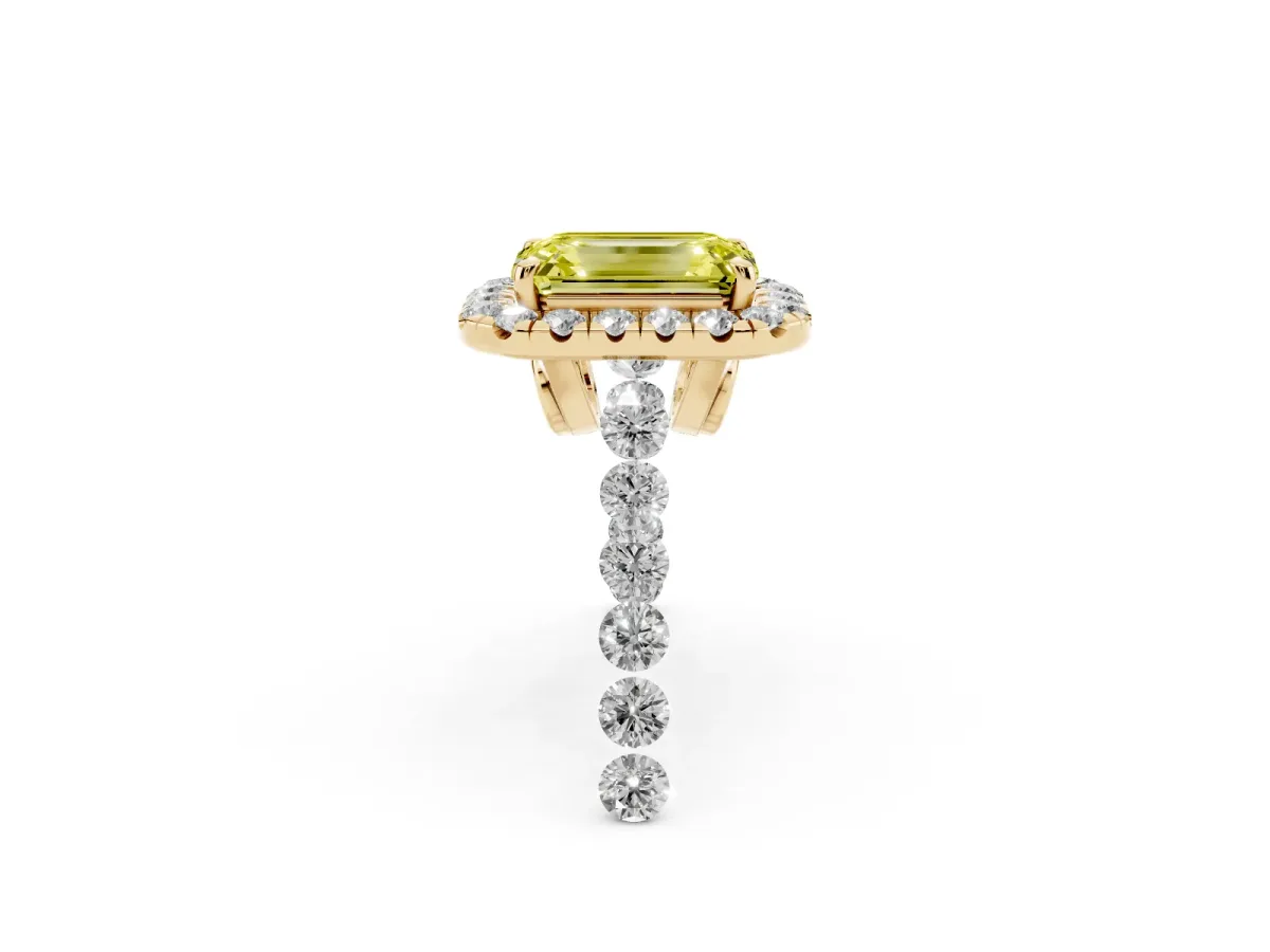 Fancy Yellow Emerald Cut Halo Pavé Diamond Engagement Ring with Four-Prong Setting Yellow gold