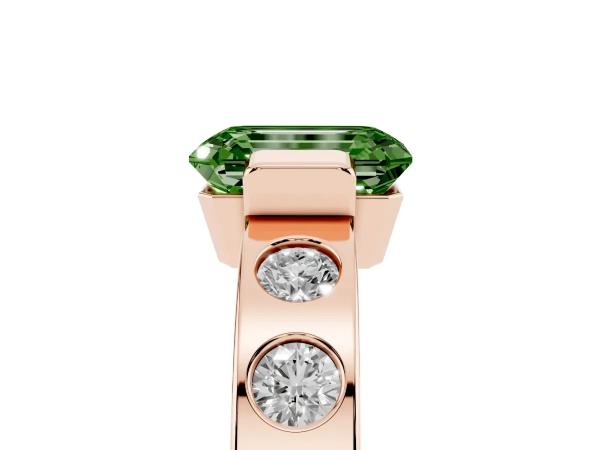 Fancy Green Emerald Cut Brilliant Channel-Set Diamond Ring with Bezel Prong Setting Rose gold