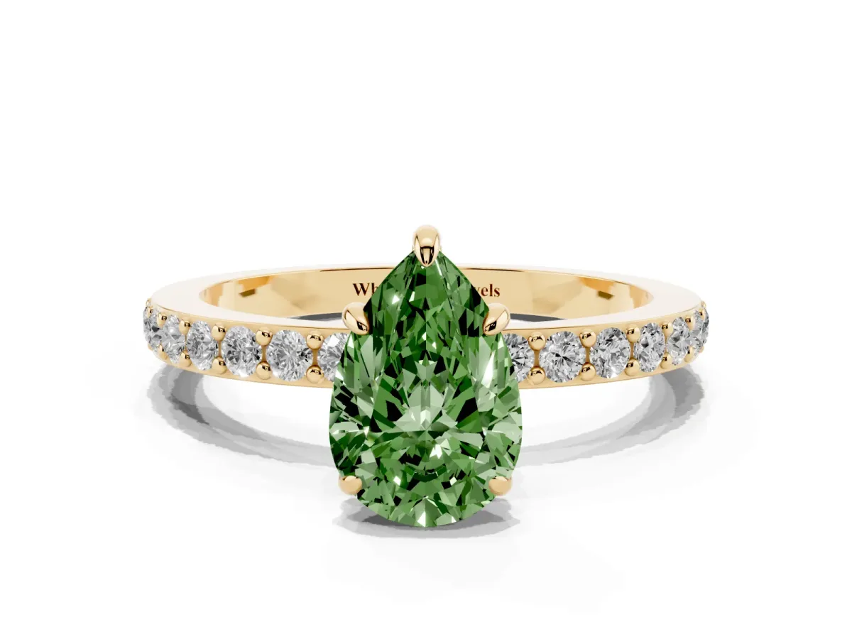 Fancy Green Pear Cut Diamond Pavé Engagement Ring with Round Accents and Prong Setting Yellow gold