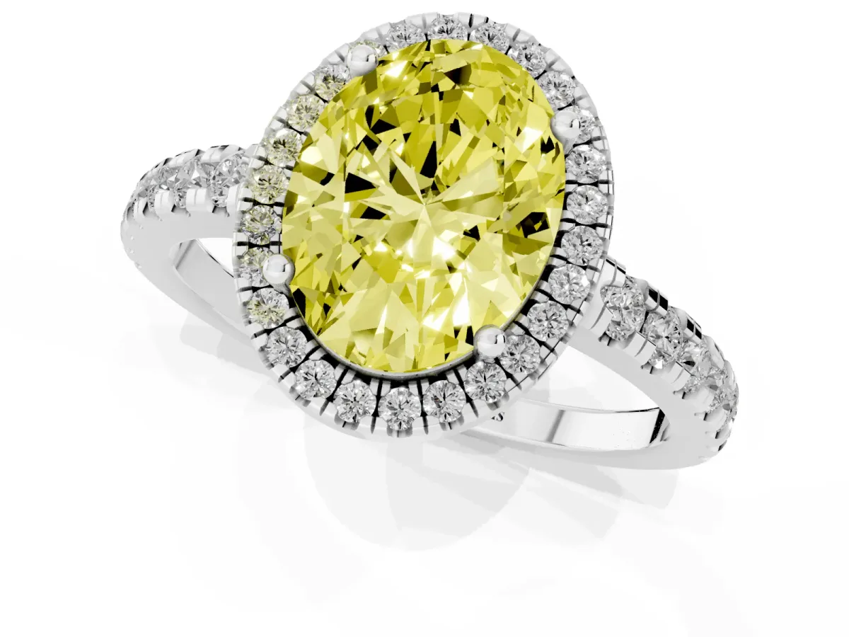 Fancy Yellow Oval Cut Diamond Halo Ring with Pavé Band and Four-Prong Setting White gold