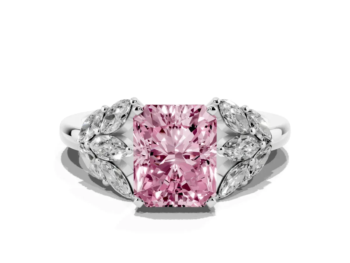 Fancy Pink Radiant Cut Diamond Cluster Leaf Design Ring with Prong Setting White gold