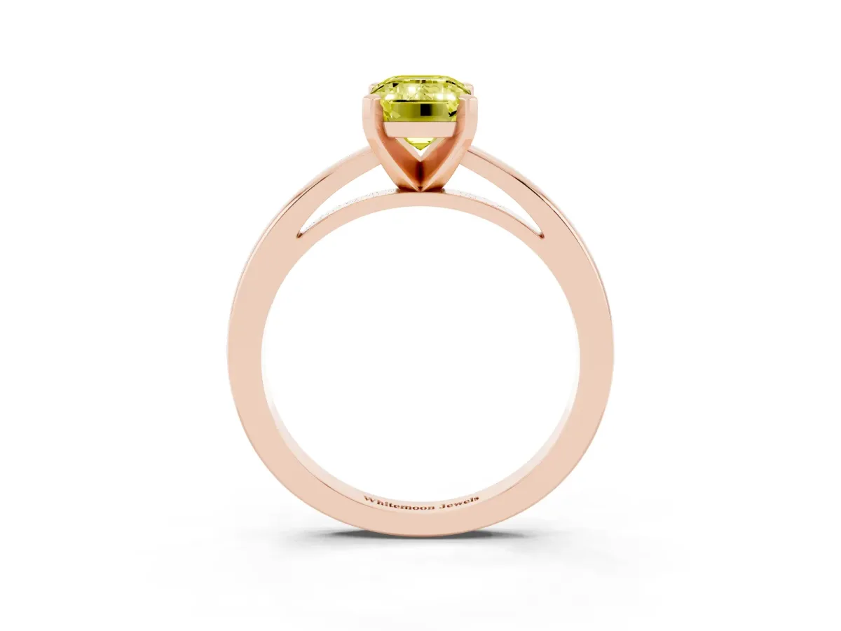Fancy Yellow Emerald Cut Solitaire Diamond Engagement Ring with Four-Prong Setting on a Classic Band Rose gold