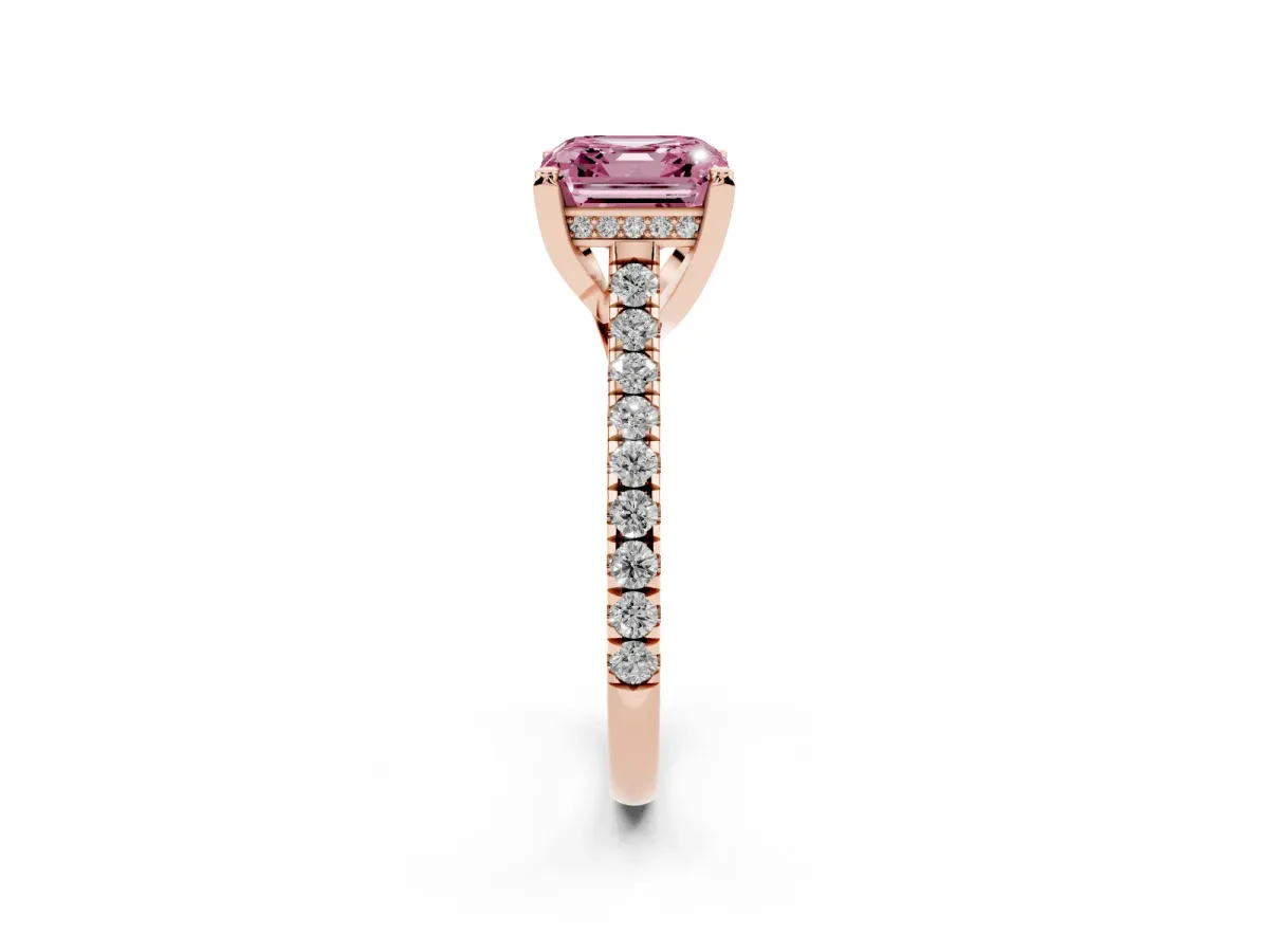 Fancy Pink Asscher Cut Brilliant Diamond Solitaire with Pavé Band and Four-Prong Setting Rose gold
