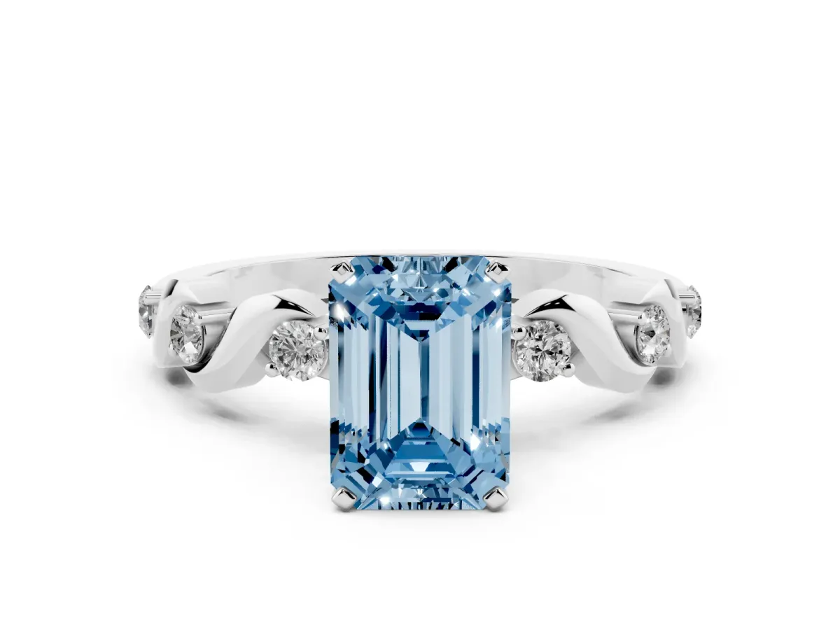 Fancy Blue Emerald Cut Diamond Solitaire Twisted Band with Round Accents and Prong Setting Platinum