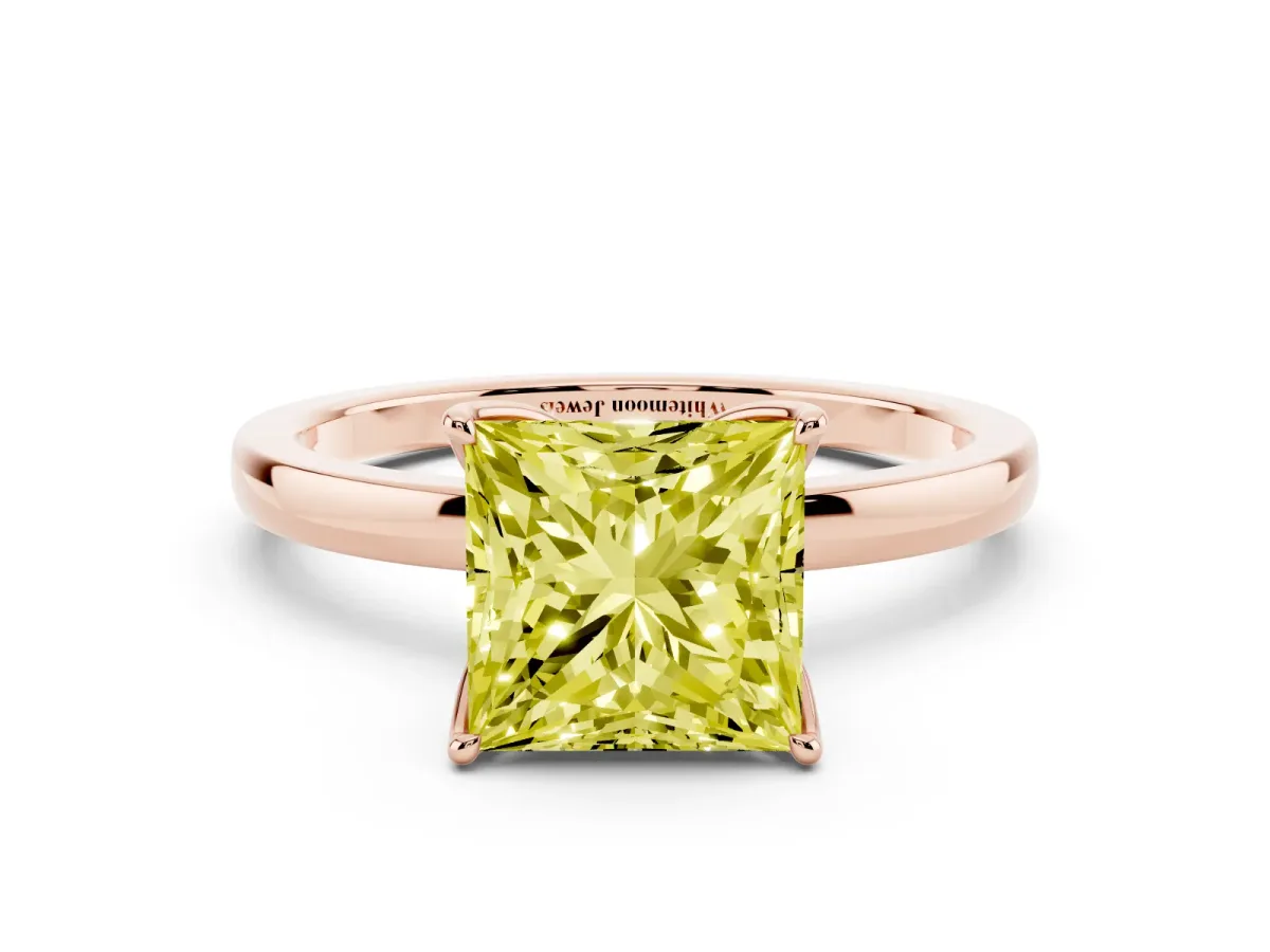 Fancy Yellow Princess Cut Diamond Solitaire Ring with Thin Band and Prong Setting Rose gold