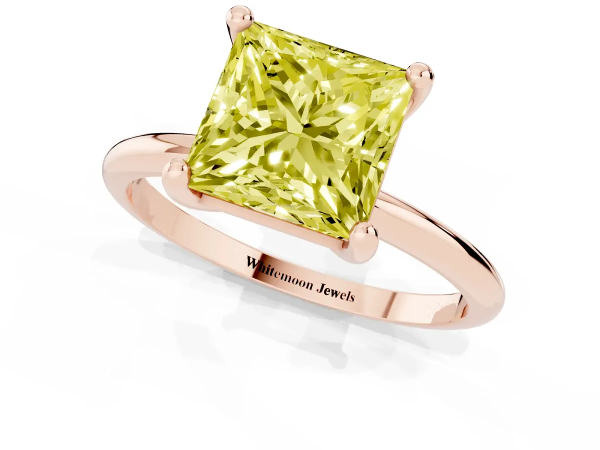 Fancy Yellow Princess Cut Solitaire Diamond Ring with 4-Prong Setting on a Classic Band Rose gold