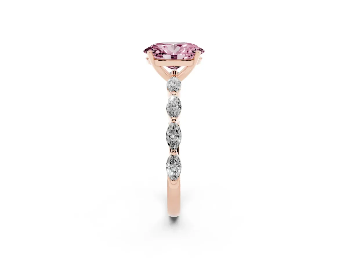 Fancy Pink Oval Cut Diamond Ring with Marquise Side Stones and Prong Setting Rose gold