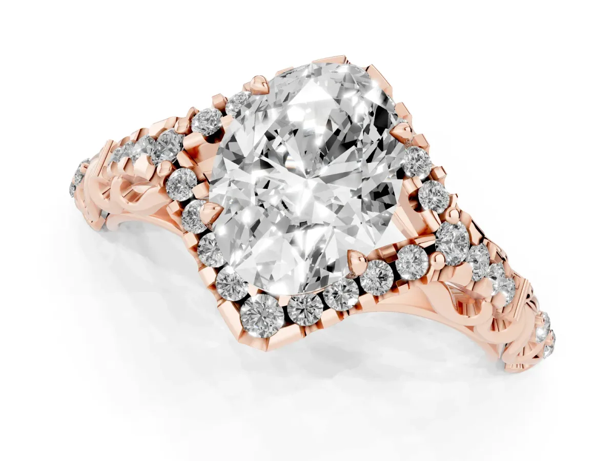 Oval Cut Diamond Solitaire Ring with Hidden Halo and Pavé Band Rose gold