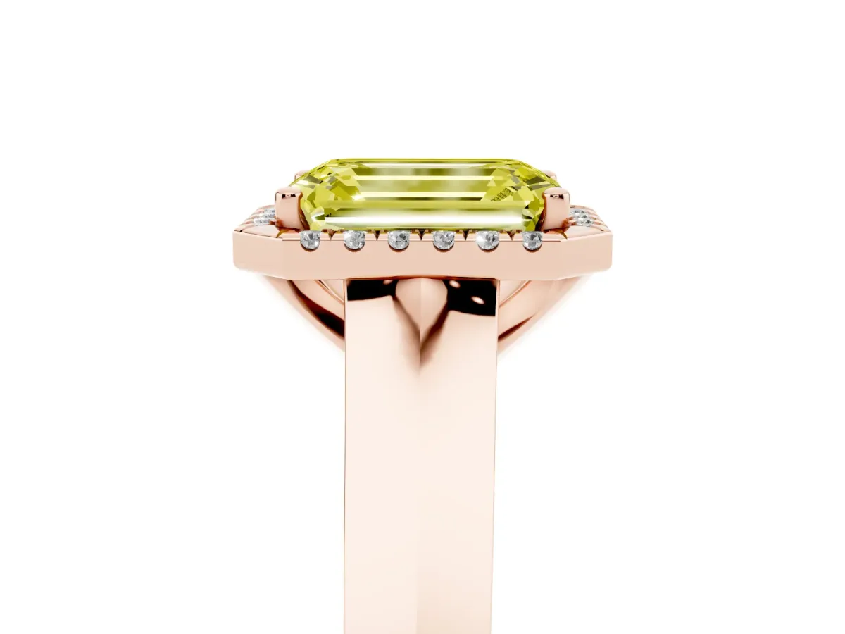 Fancy Yellow Emerald Cut Halo Diamond Ring with Cathedral Band and Four-Prong Setting Rose gold