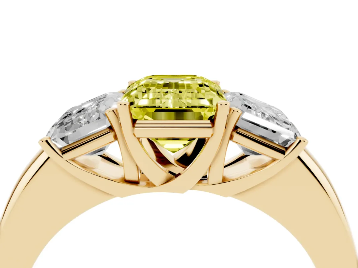 Fancy Yellow Emerald Cut Diamond Three-Stone Ring with Four-Prong Setting and Classic Band Yellow gold